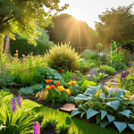 ** A lush, thriving garden teeming with insects, flowers, and vegetables, bathed in golden sunlight. A diverse range of plants is shown, highlighting the concept of biodiversity and natural balance. The overall mood is peaceful and abundant, showcasing ecological wisdom in action.

**