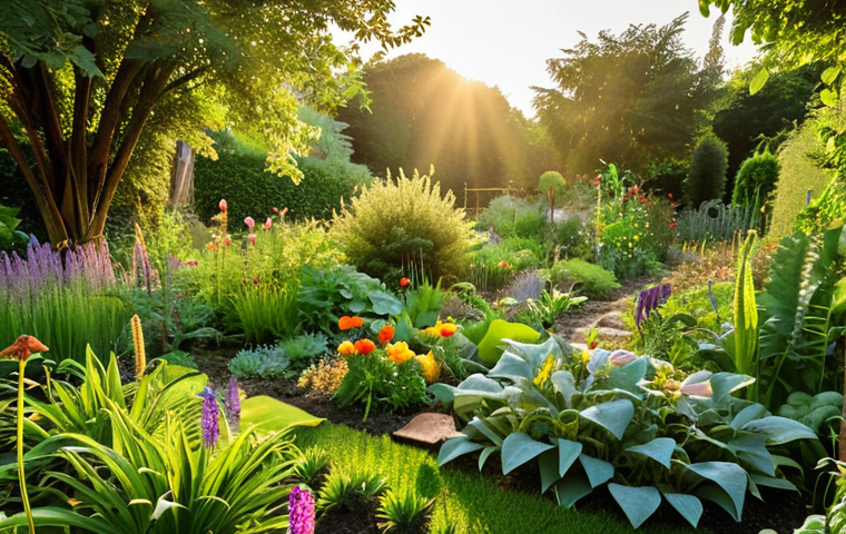 ** A lush, thriving garden teeming with insects, flowers, and vegetables, bathed in golden sunlight. A diverse range of plants is shown, highlighting the concept of biodiversity and natural balance. The overall mood is peaceful and abundant, showcasing ecological wisdom in action.
**