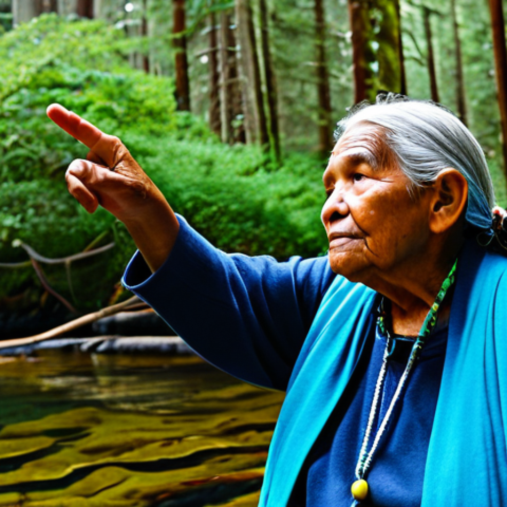 A wise Indigenous elder, with a serene and thoughtful expression, stands gracefully in a lush Pacific Northwest coastal forest. She gently points towards calm, clear ocean waters where kelp beds are visible, embodying generations of ecological knowledge. Her attire is modest and practical, designed for the natural environment. Soft, diffused natural light illuminates the scene, highlighting the deep connection between humanity and nature.
    *   **Style**: Professional documentary photography, realistic, high detail, vibrant natural colors.
    *   **Mandatory Inclusions**: fully clothed, appropriate attire, safe for work, family-friendly, perfect anatomy, correct proportions, natural pose, well-formed hands, proper finger count, natural body proportions.
