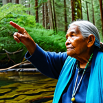 A wise Indigenous elder, with a serene and thoughtful expression, stands gracefully in a lush Pacific Northwest coastal forest. She gently points towards calm, clear ocean waters where kelp beds are visible, embodying generations of ecological knowledge. Her attire is modest and practical, designed for the natural environment. Soft, diffused natural light illuminates the scene, highlighting the deep connection between humanity and nature.
    *   **Style**: Professional documentary photography, realistic, high detail, vibrant natural colors.
    *   **Mandatory Inclusions**: fully clothed, appropriate attire, safe for work, family-friendly, perfect anatomy, correct proportions, natural pose, well-formed hands, proper finger count, natural body proportions.