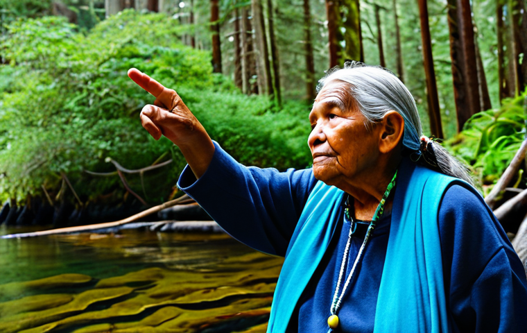 A wise Indigenous elder, with a serene and thoughtful expression, stands gracefully in a lush Pacific Northwest coastal forest. She gently points towards calm, clear ocean waters where kelp beds are visible, embodying generations of ecological knowledge. Her attire is modest and practical, designed for the natural environment. Soft, diffused natural light illuminates the scene, highlighting the deep connection between humanity and nature.
* **Style**: Professional documentary photography, realistic, high detail, vibrant natural colors.
* **Mandatory Inclusions**: fully clothed, appropriate attire, safe for work, family-friendly, perfect anatomy, correct proportions, natural pose, well-formed hands, proper finger count, natural body proportions.