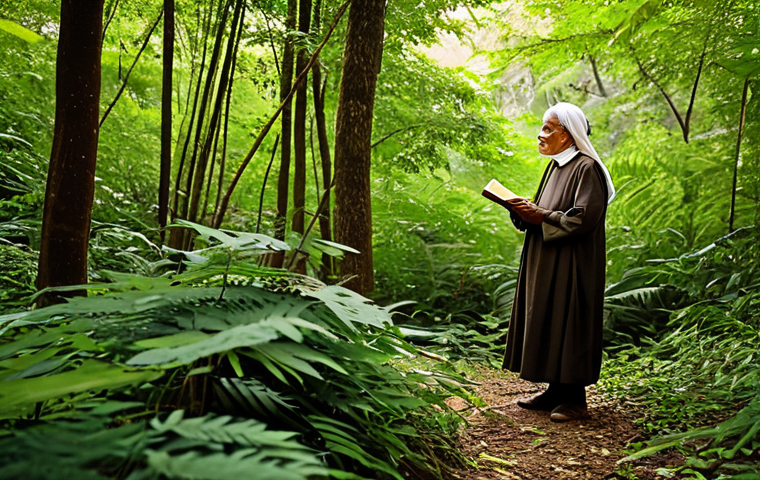 A wise elder, with a serene expression, in traditional and modest, earthy-toned attire, stands amidst a lush, biodiverse forest edge. Their gaze is fixed on the delicate leaves of a native plant, indicating deep observation and knowledge. Sunlight filters through the canopy, highlighting the rich textures of the flora. Subtle elements of migrating birds or changing leaves are visible in the background, hinting at their ability to read the natural calendar. The scene captures a profound connection to nature and a sense of ancient ecological wisdom. Professional photography, high detail, realistic, serene atmosphere, fully clothed, modest clothing, appropriate attire, perfect anatomy, correct proportions, natural pose, well-formed hands, proper finger count, natural body proportions, safe for work, appropriate content, family-friendly.