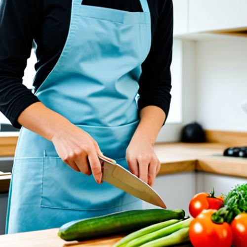 Home 9 A woman in a modest, professional apron, thoughtfully preparing fresh, local, seasonal vegetables in a brightly lit, modern kitchen. She is using a high-quality knife to chop, with minimal waste, and a composting bin is visible nearby. The scene emphasizes conscious consumption and kitchen strategies for sustainability, with vibrant produce and a clean aesthetic. Fully clothed, appropriate attire, safe for work, appropriate content, professional, perfect anatomy, correct proportions, natural pose, well-formed hands, proper finger count, natural body proportions, professional photography, high quality.