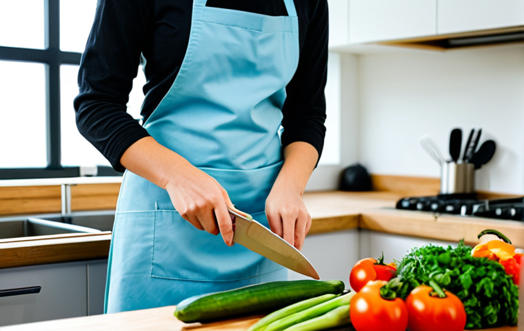 A woman in a modest, professional apron, thoughtfully preparing fresh, local, seasonal vegetables in a brightly lit, modern kitchen. She is using a high-quality knife to chop, with minimal waste, and a composting bin is visible nearby. The scene emphasizes conscious consumption and kitchen strategies for sustainability, with vibrant produce and a clean aesthetic. Fully clothed, appropriate attire, safe for work, appropriate content, professional, perfect anatomy, correct proportions, natural pose, well-formed hands, proper finger count, natural body proportions, professional photography, high quality.