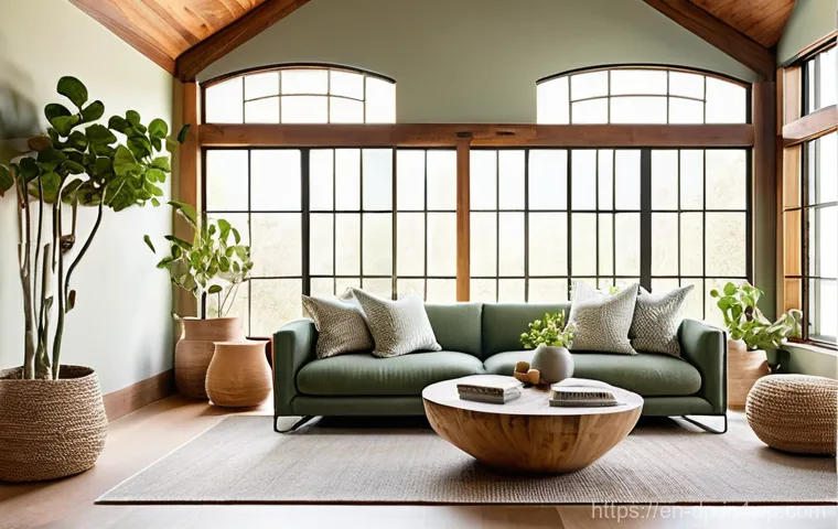 자연 친화적인 인테리어 디자인 - **Biophilic Living Room Sanctuary**
A spacious, sun-drenched living room showcasing harmonious b...