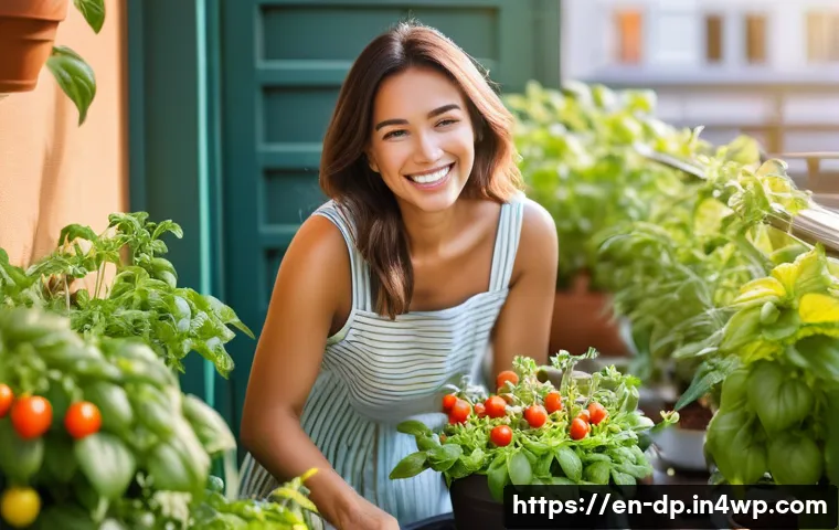 생태 지혜 생활의 실천 사례 분석 - A joyful young woman with a radiant smile, wearing a casual, light summer dress, is tending to a vib...