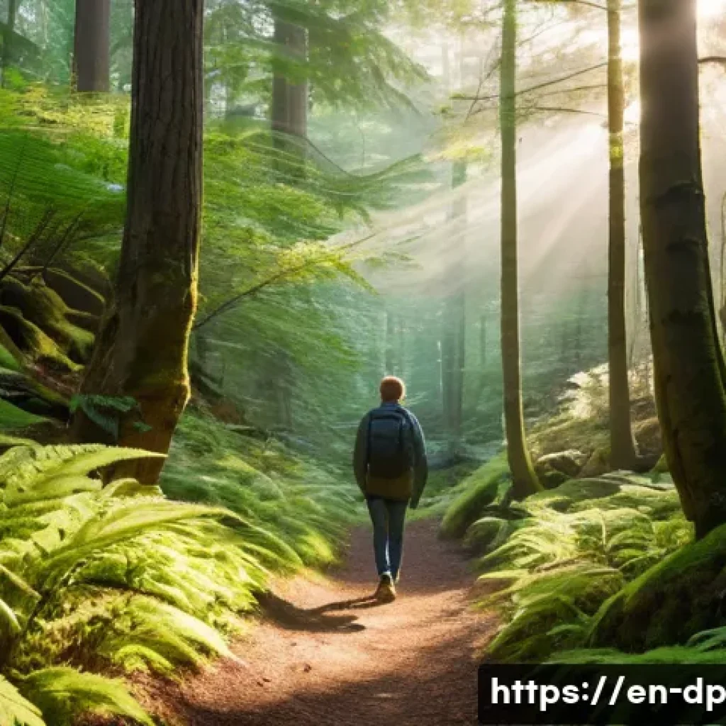 생태 지혜와 개인의 삶의 질 향상 - **Prompt:** A serene, sun-dappled forest path during golden hour. A person, appearing calm and conte...