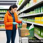 Home 22 생태 지혜를 활용한 가정용품 선택 - **Prompt 1: Decoding Eco-Labels in a Supermarket Aisle**
A brightly lit, modern supermarket aisl...