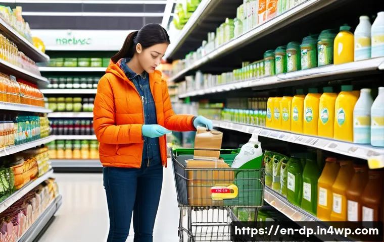 생태 지혜를 활용한 가정용품 선택 - **Prompt 1: Decoding Eco-Labels in a Supermarket Aisle**
    A brightly lit, modern supermarket aisl...