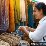 Home 21 지속 가능한 관광과 생태 지혜 - **Prompt 1: Mindful Artisan Encounter**
"A female traveler, mid-30s, with a warm smile, wearing ...