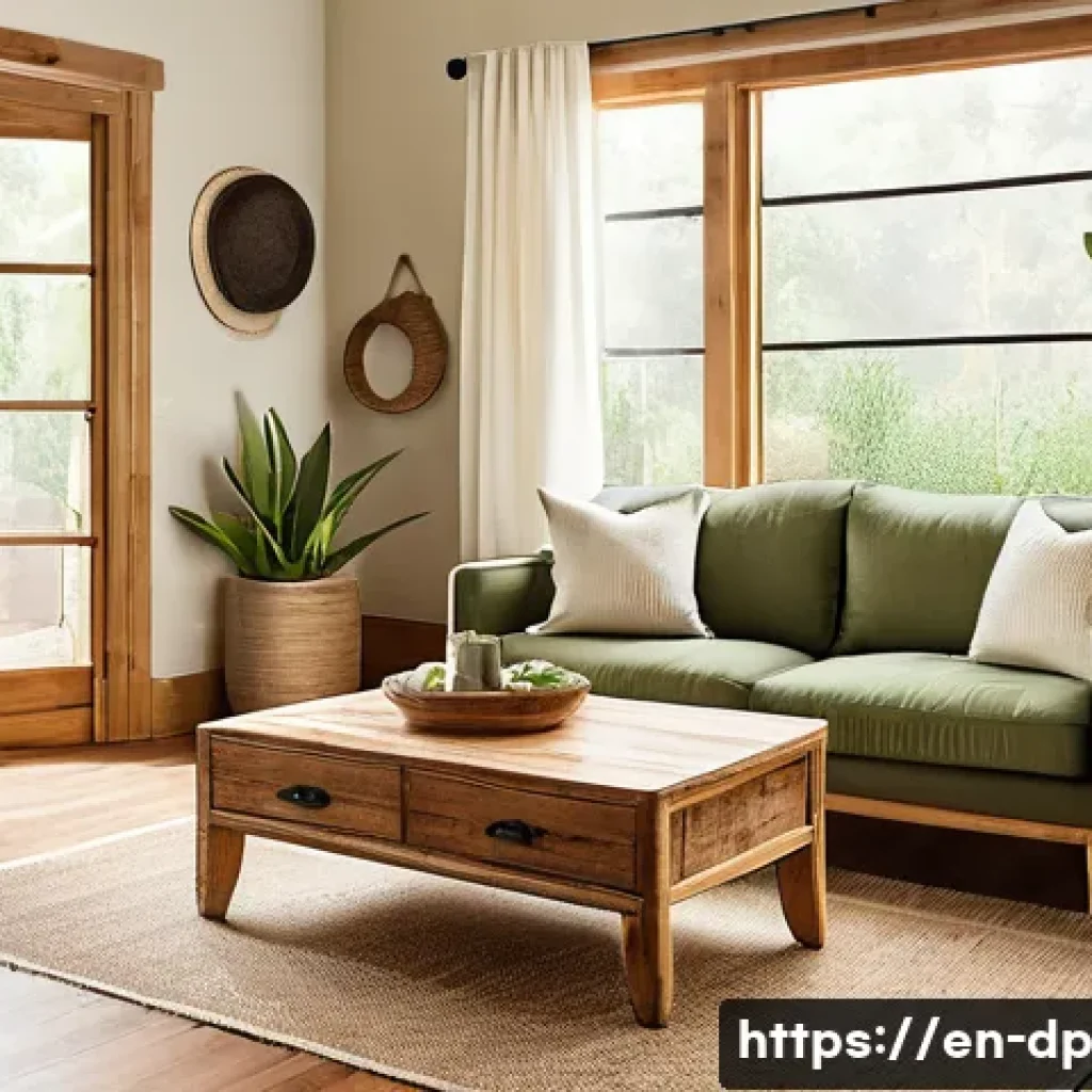 생태 지혜와 내장재 선택하기 - A warm, inviting living room interior featuring reclaimed wood furniture and bamboo flooring, bathed...