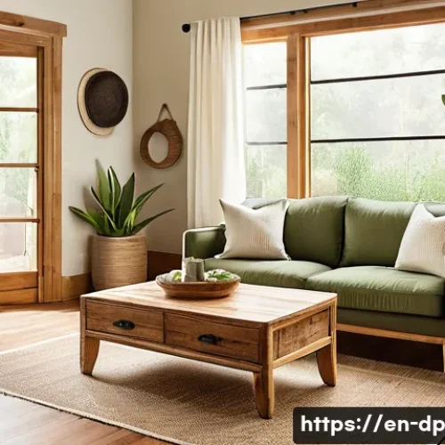 Home 32 생태 지혜와 내장재 선택하기 - A warm, inviting living room interior featuring reclaimed wood furniture and bamboo flooring, bathed...
