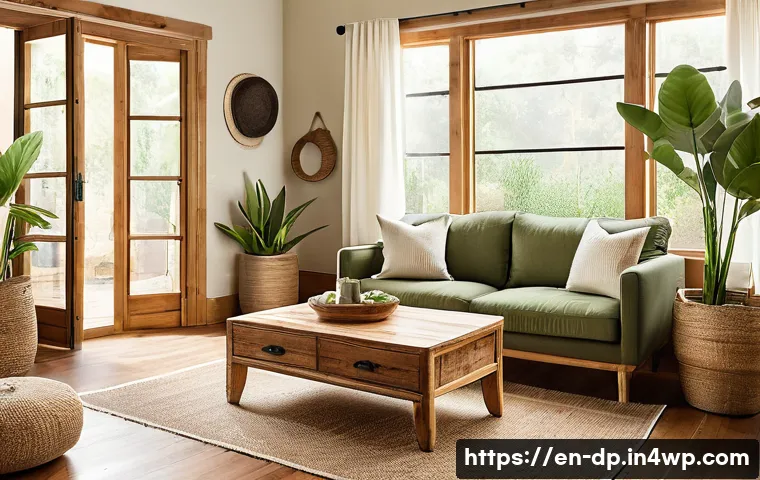 생태 지혜와 내장재 선택하기 - A warm, inviting living room interior featuring reclaimed wood furniture and bamboo flooring, bathed...