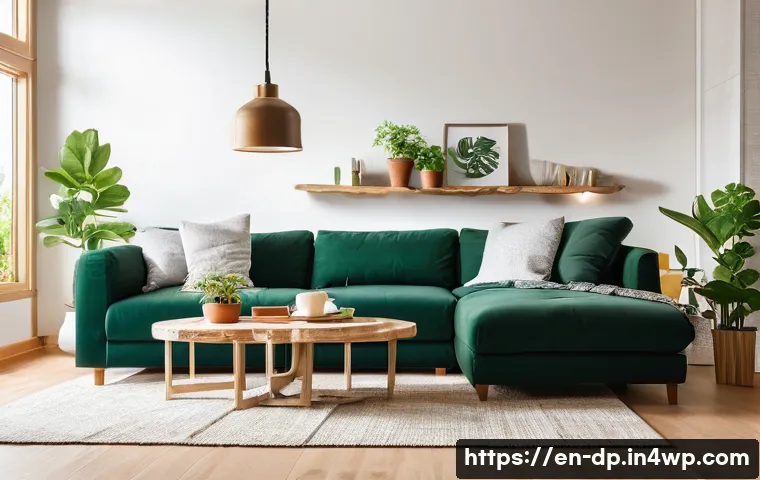 환경 친화적인 생활 습관 만들기 - A cozy modern living room illuminated by warm LED lighting, showcasing energy-efficient bulbs replac...