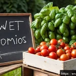 Home 18 지역 농산물을 활용한 요리법 - A vibrant summer farmer’s market stall showcasing freshly picked ripe tomatoes and fragrant basil bu...