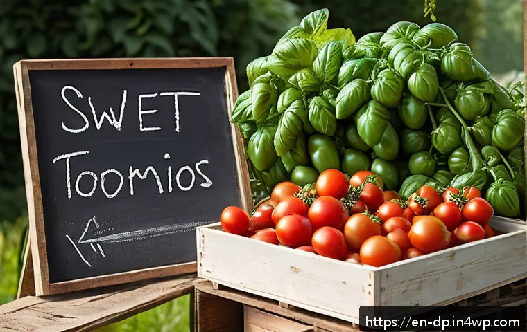 지역 농산물을 활용한 요리법 - A vibrant summer farmer’s market stall showcasing freshly picked ripe tomatoes and fragrant basil bu...