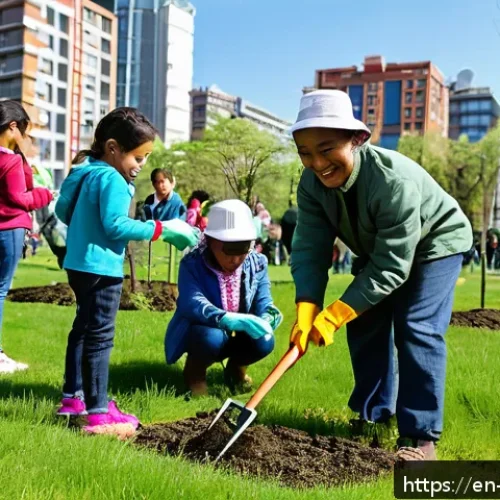 Home 17 생태 지혜와 평화의 관계 - A vibrant community tree-planting event in an urban neighborhood park during a sunny spring day, fea...
