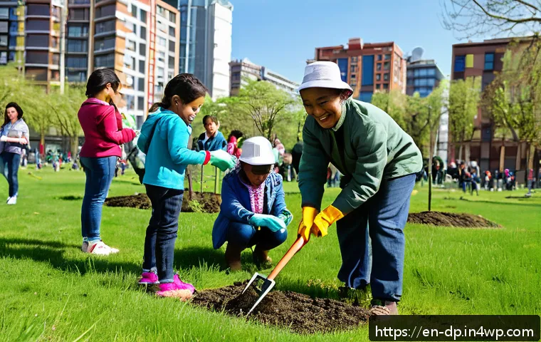 생태 지혜와 평화의 관계 - A vibrant community tree-planting event in an urban neighborhood park during a sunny spring day, fea...