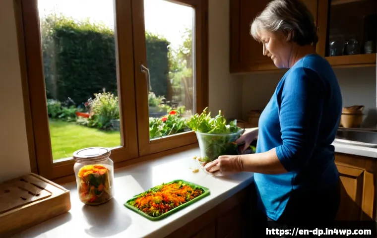 생태 지혜 생활의 변화를 위한 한걸음 - Photorealistic morning kitchen scene of a middle-aged woman sorting food scraps into a small counter...